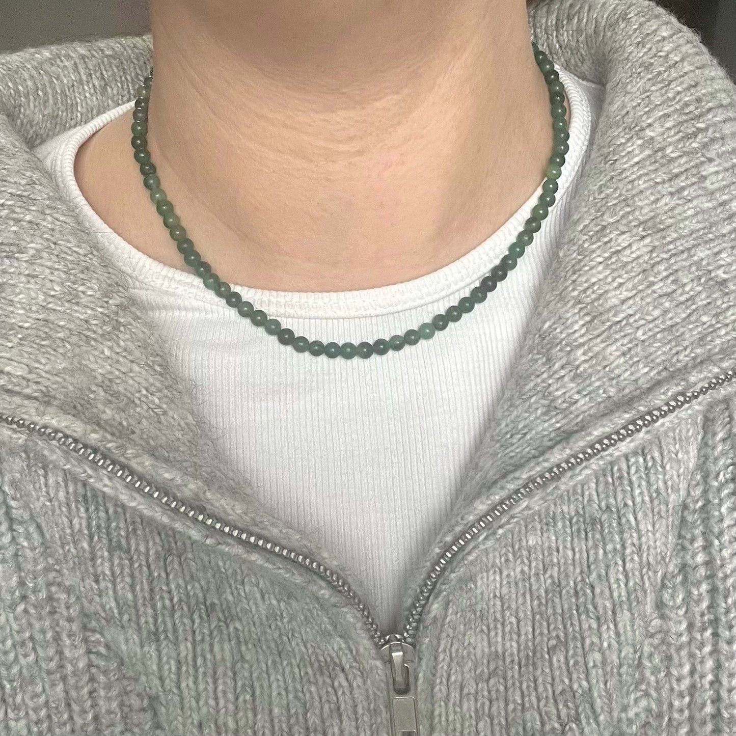 Green Jade 4mm Beaded Necklace - Luck