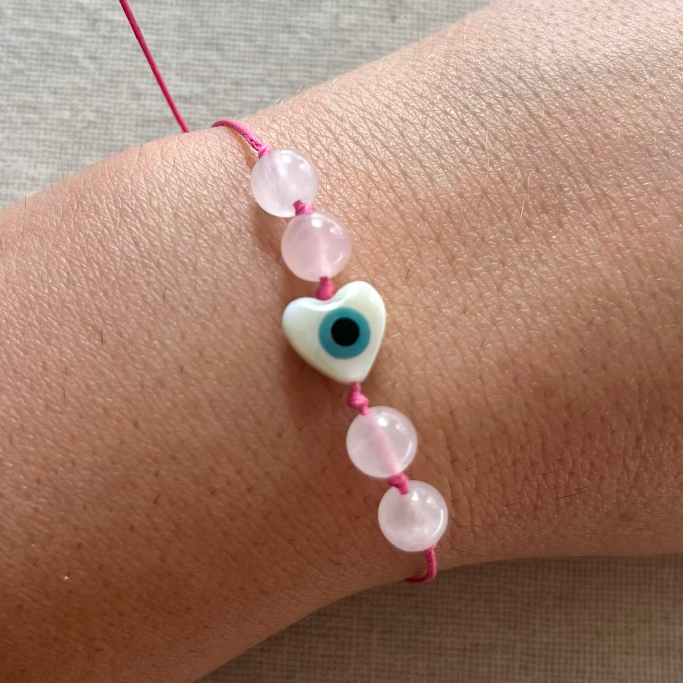 Heart Protection Evil Eye Cord Bracelet - Rose Quartz