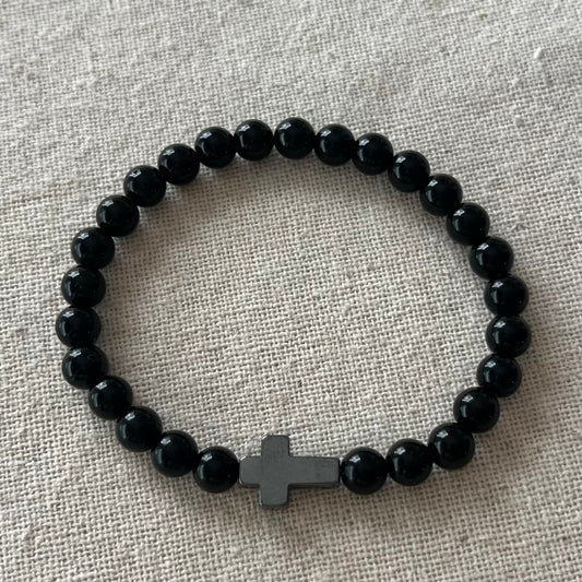 Protection Cross Bracelet - Obsidian & Hematite