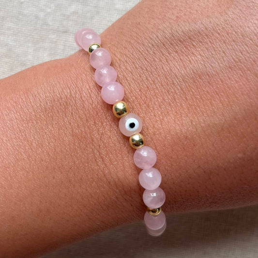 Love Evil Eye Protection Bracelet - Rose Quartz & Gold Hematite