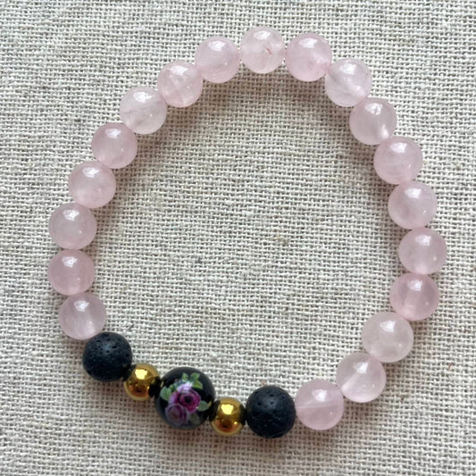 Flower of Protection Bracelet - Rose Quartz, Gold Hematite & Lava Stone
