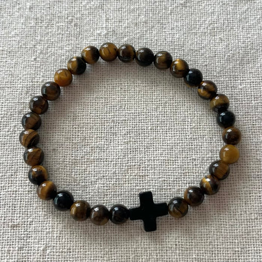 Protection Cross Bracelet - Tiger Eye & Black Agate