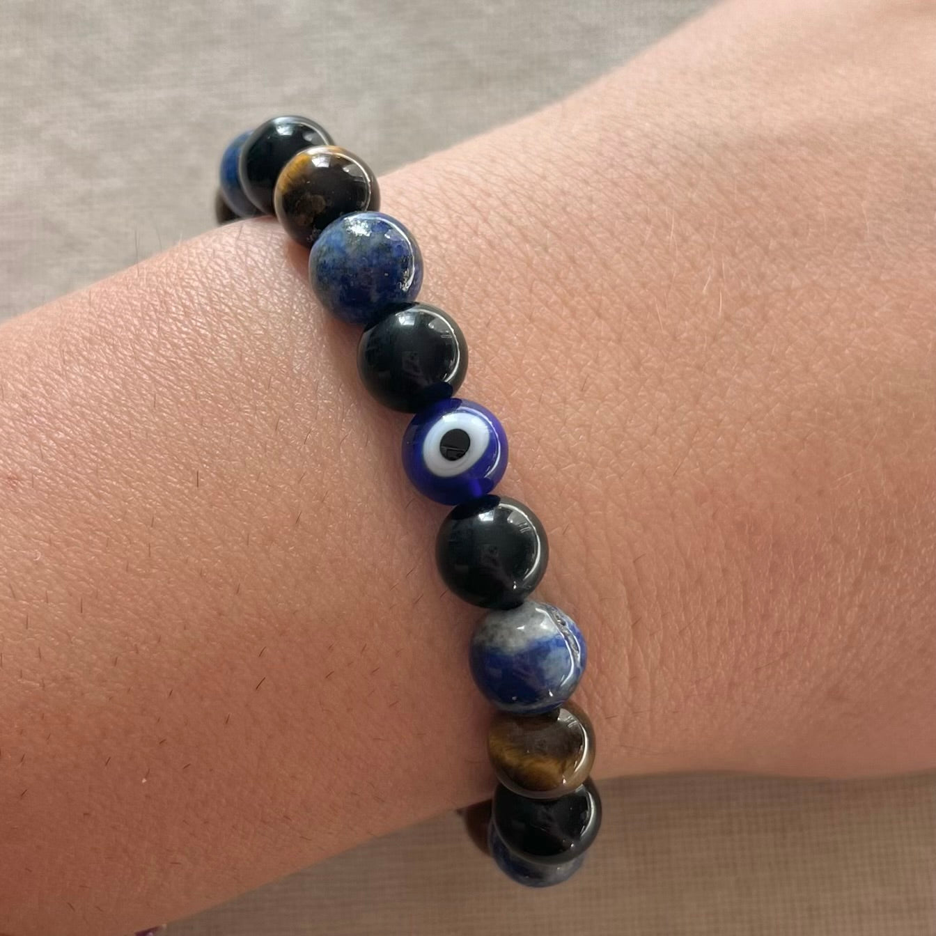 Evil Eye Protective Cord Bracelet - Lapis Lazuli, Obsidian, Tiger Eye