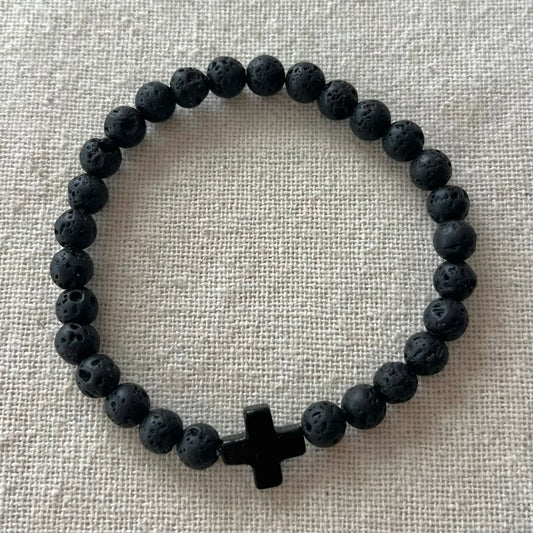 Protection Cross Bracelet - Lava Stone & Black Agate