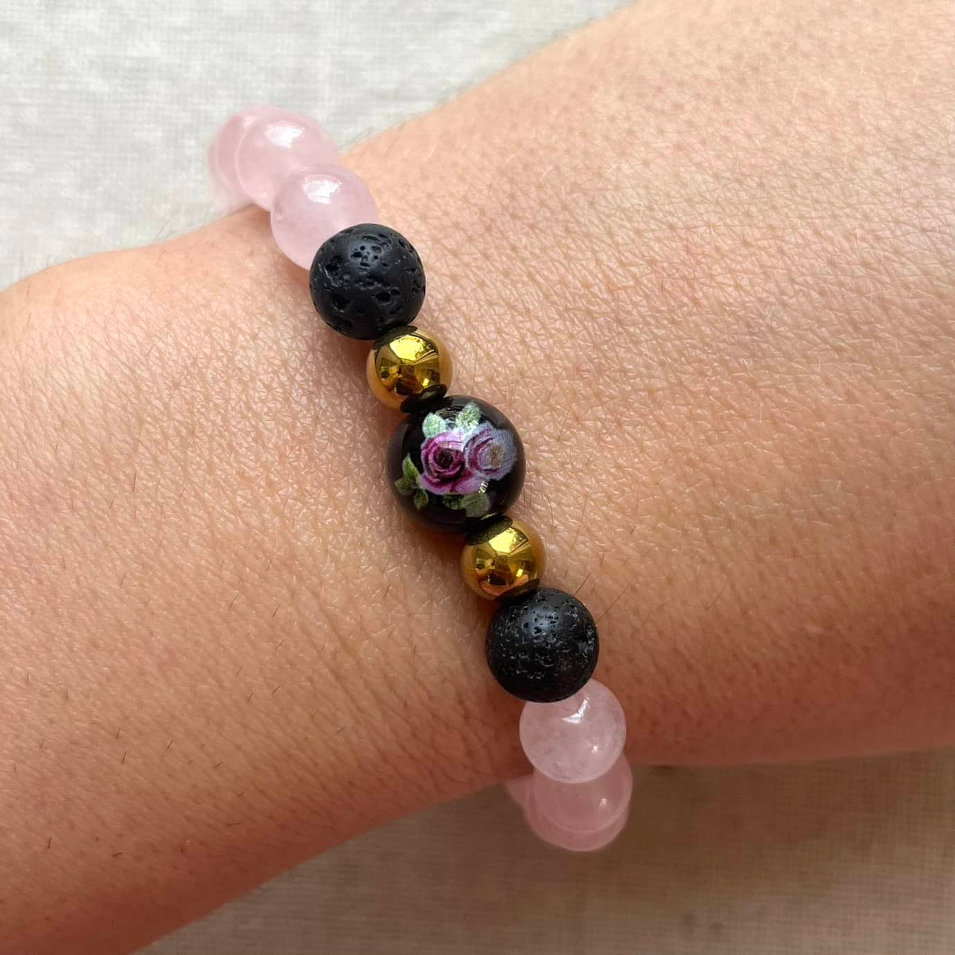 Flower of Protection Bracelet - Rose Quartz, Gold Hematite & Lava Stone