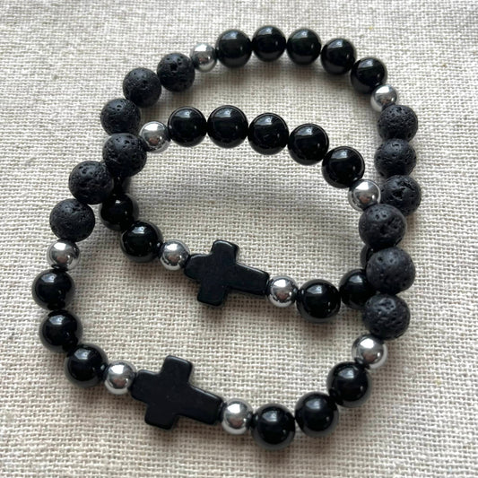 Courage Bracelet - Onyx, Obsidian, Lava Stone & Silver Hematite