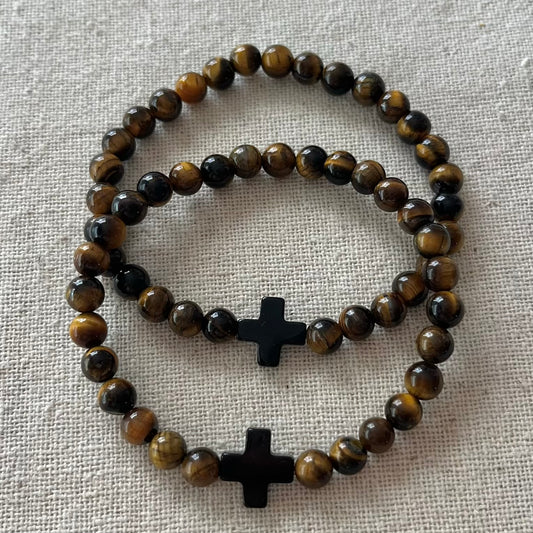 Protection Cross Bracelet - Tiger Eye & Black Agate