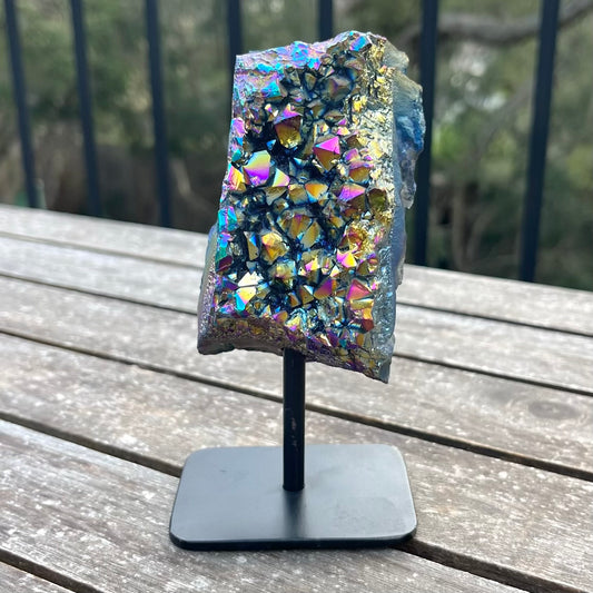 Titanium Aura Quartz Cluster on Metal Stand