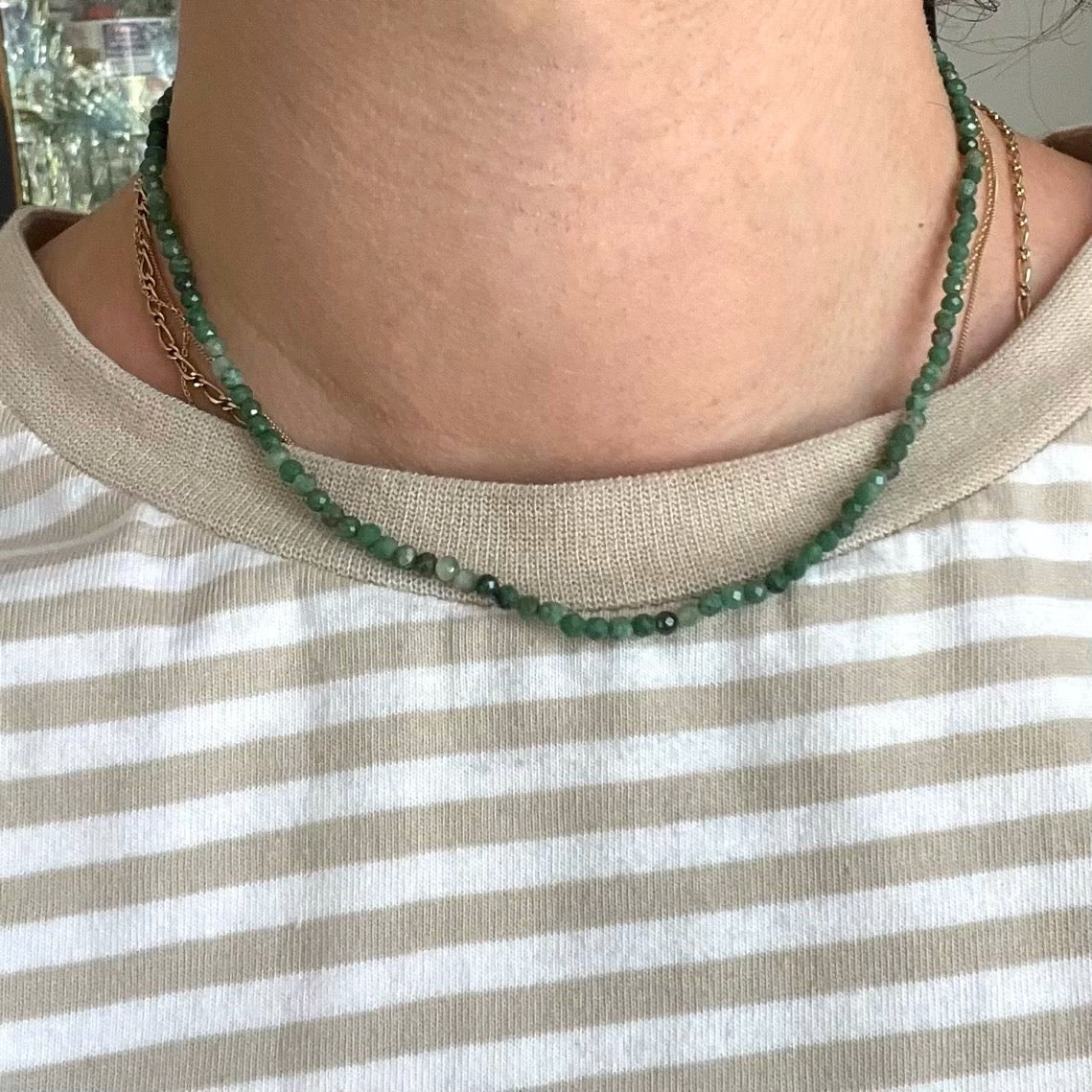 Green Jade 3mm Facet Beaded Necklace - Luck