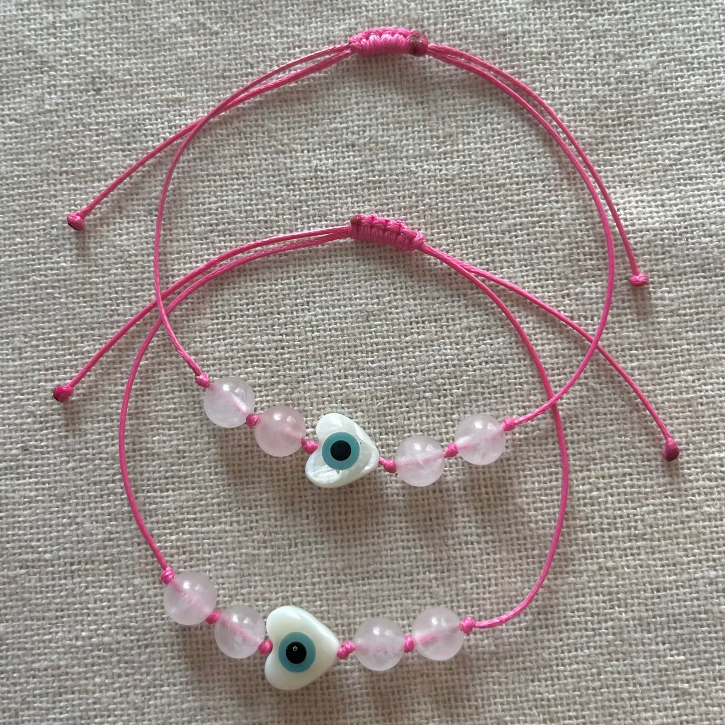 Heart Protection Evil Eye Cord Bracelet - Rose Quartz