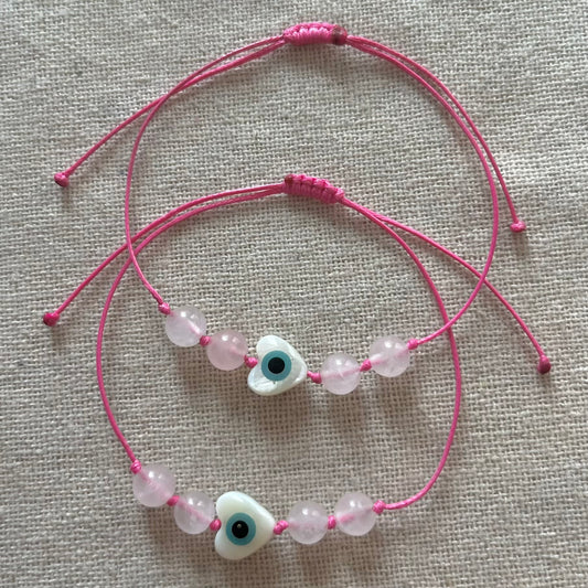 Heart Protection Evil Eye Cord Bracelet - Rose Quartz
