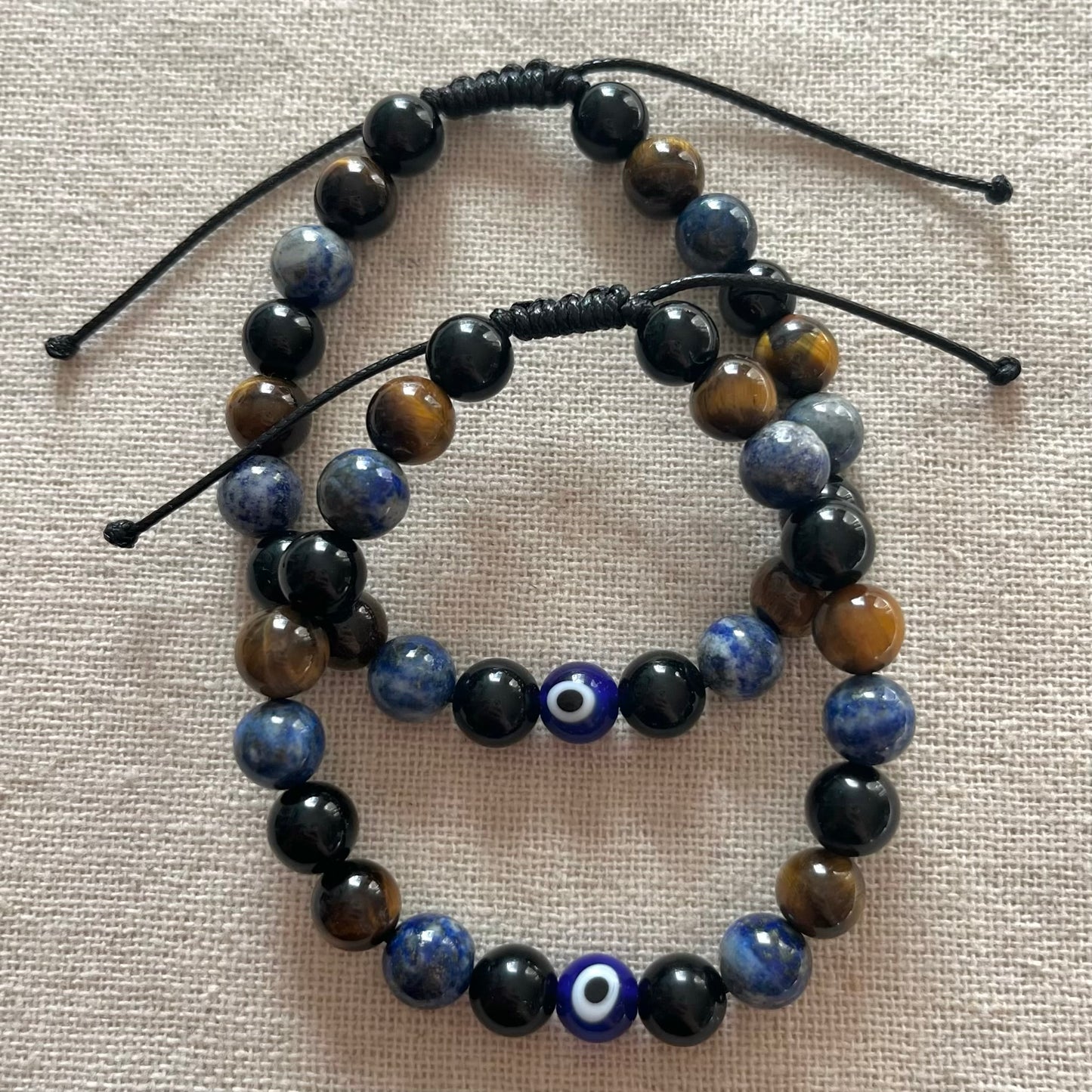 Evil Eye Protective Cord Bracelet - Lapis Lazuli, Obsidian, Tiger Eye