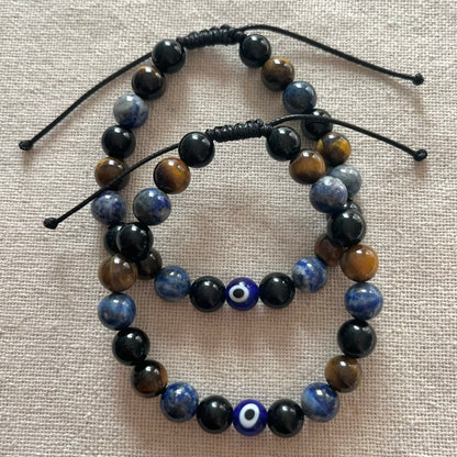 Evil Eye Protective Cord Bracelet - Lapis Lazuli, Obsidian, Tiger Eye