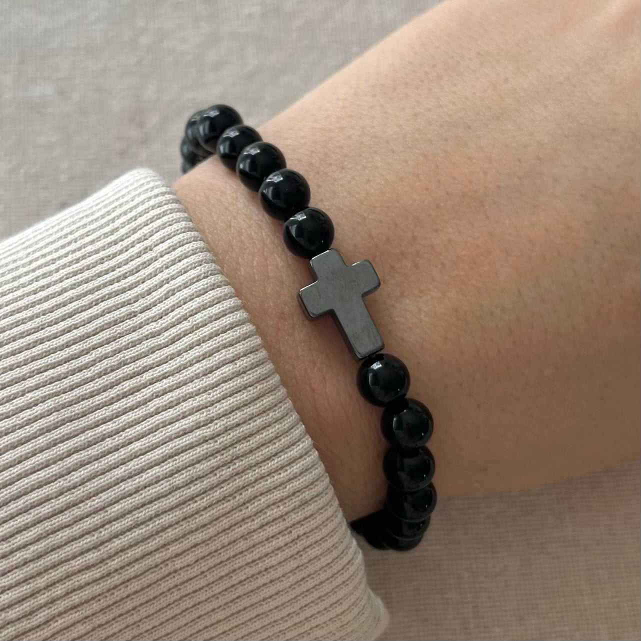 Protection Cross Bracelet - Obsidian & Hematite