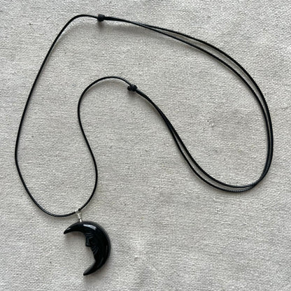 Moon Face Pendant - Obsidian