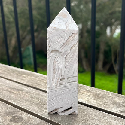 White Crazy Lace Agate Large Point Crystal - Joy, Positive Energy
