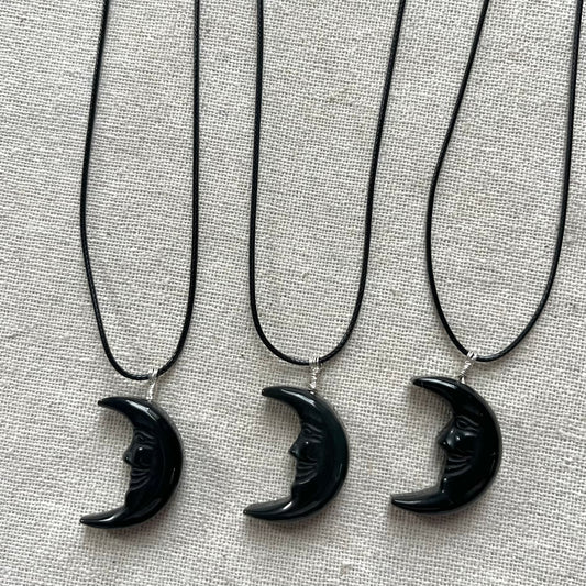 Moon Face Pendant - Obsidian