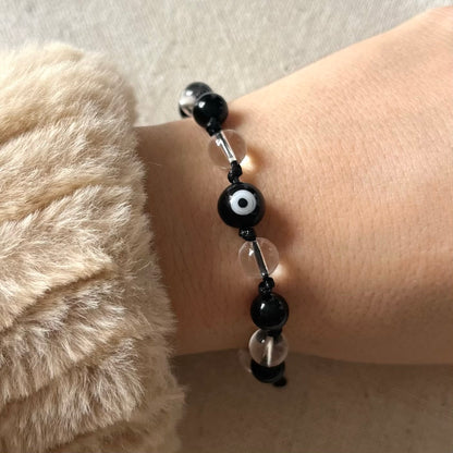 Master Healer Evil Eye Cord Bracelet - Obsidian & Clear Quartz