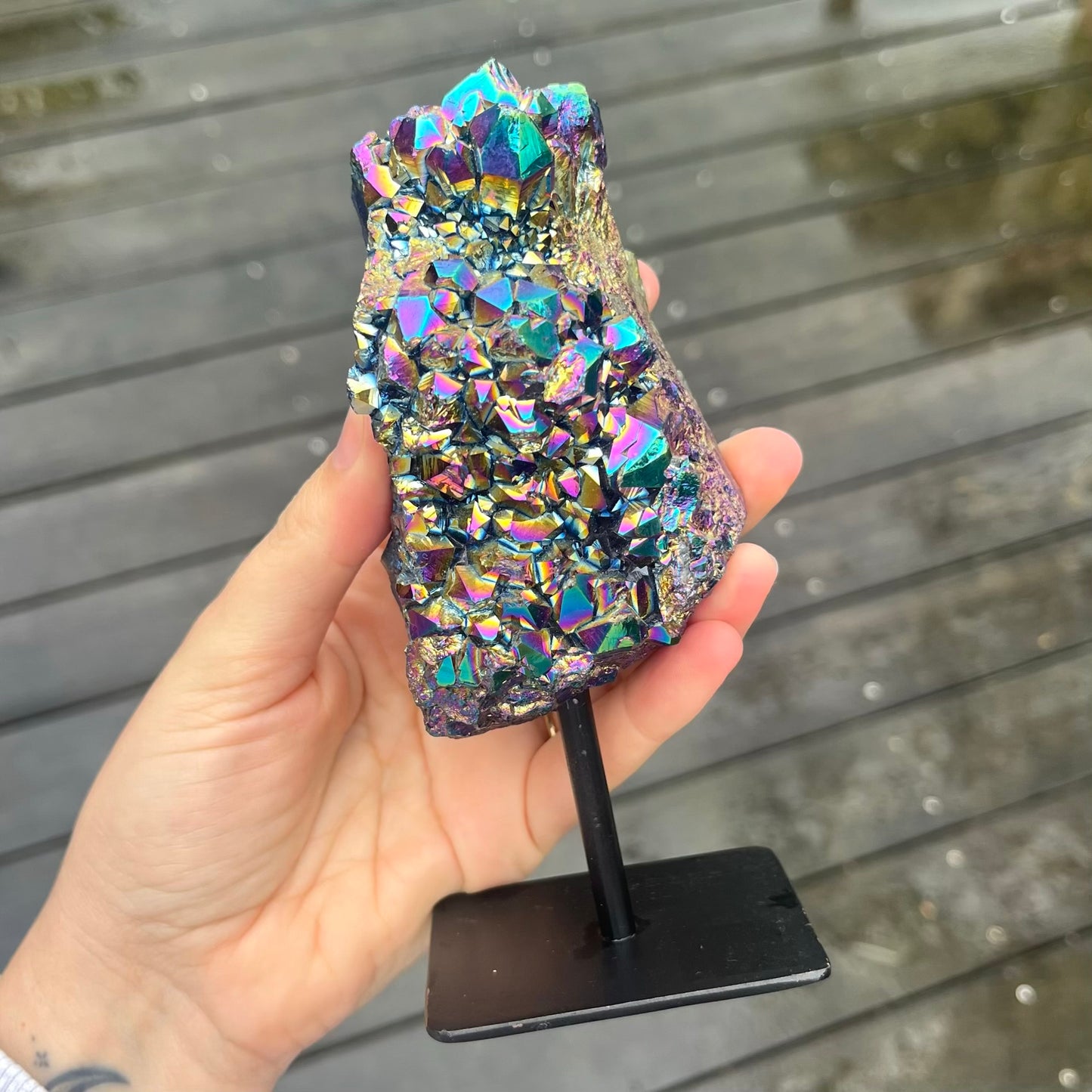 Titanium Aura Quartz Cluster on Metal Stand