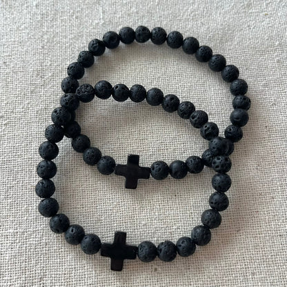 Protection Cross Bracelet - Lava Stone & Black Agate