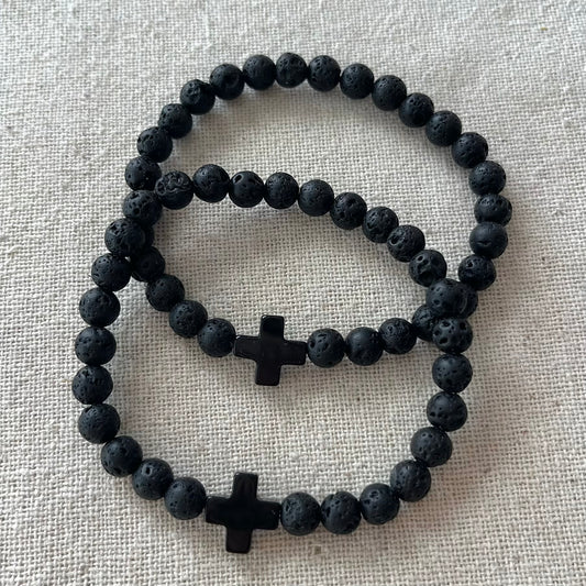 Protection Cross Bracelet - Lava Stone & Black Agate