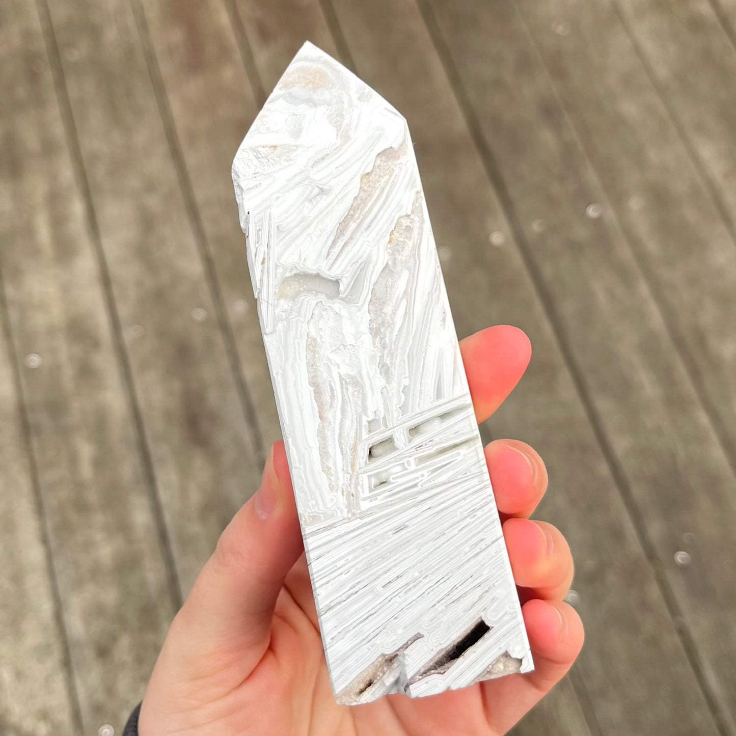 White Crazy Lace Agate Large Point Crystal - Joy, Positive Energy