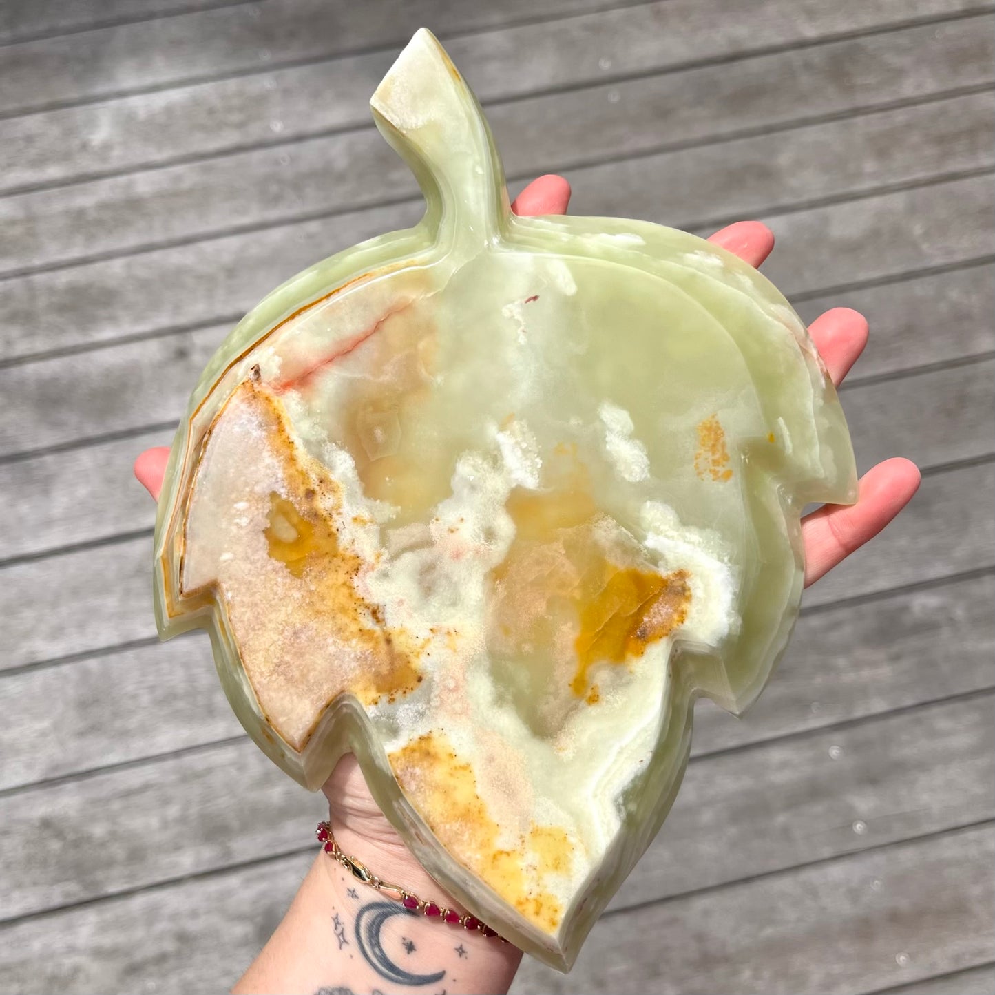 Green Onyx Large Leaf Crystal Dish - Protection, Grounding, Strength