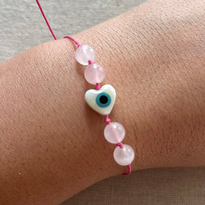 Heart Protection Evil Eye Cord Bracelet - Rose Quartz
