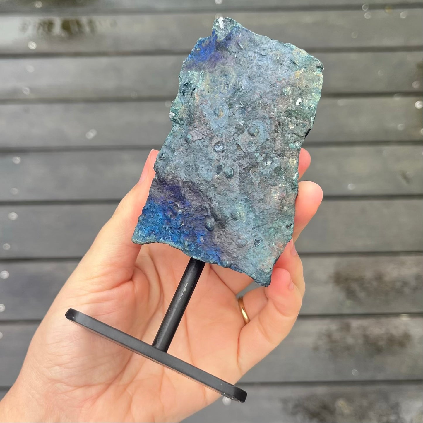 Titanium Aura Quartz Cluster on Metal Stand