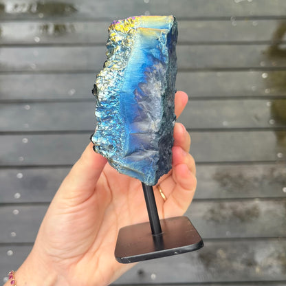 Titanium Aura Quartz Cluster on Metal Stand