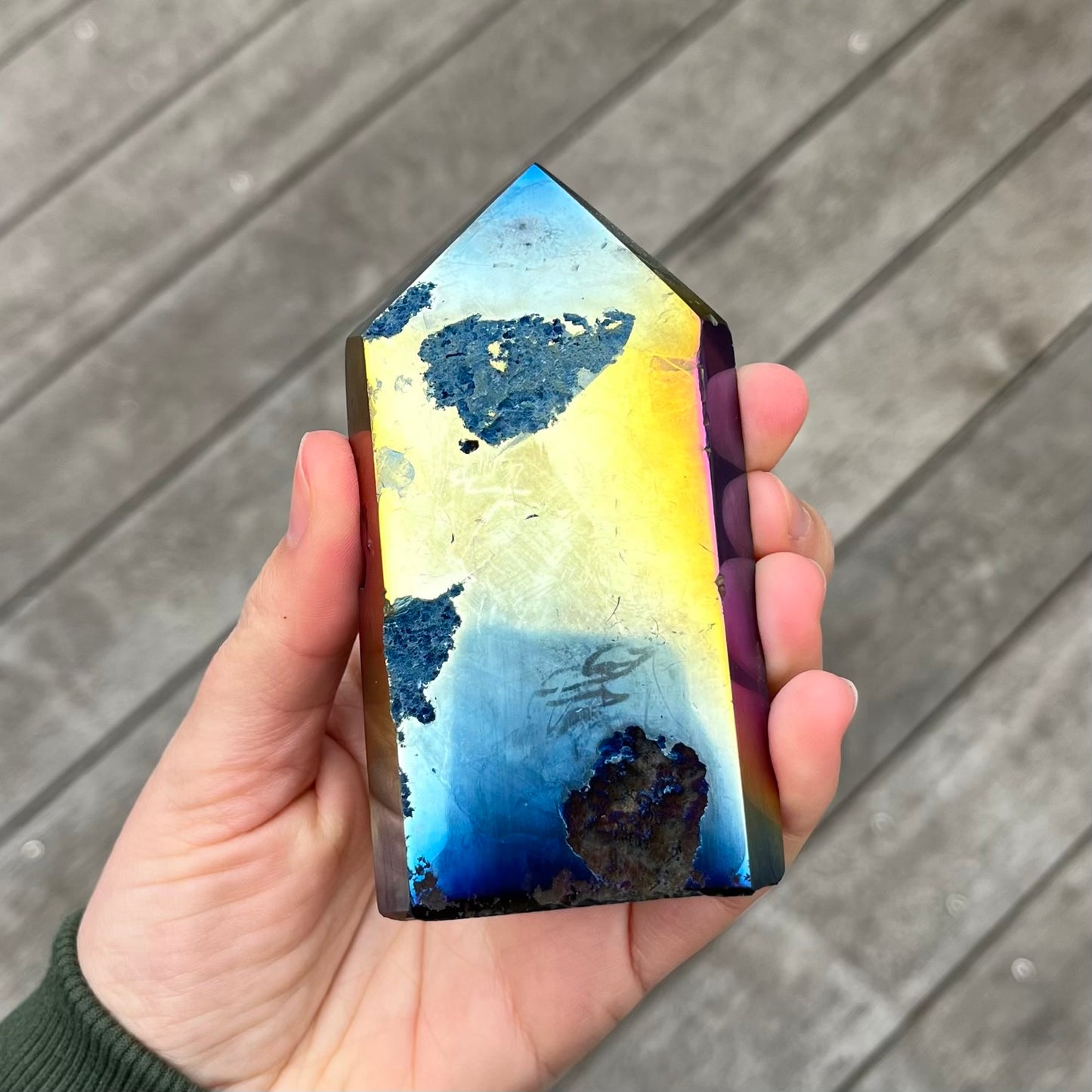 Titanium Aura Quartz Large Point Crystal - Vitality, Confidence, Joy