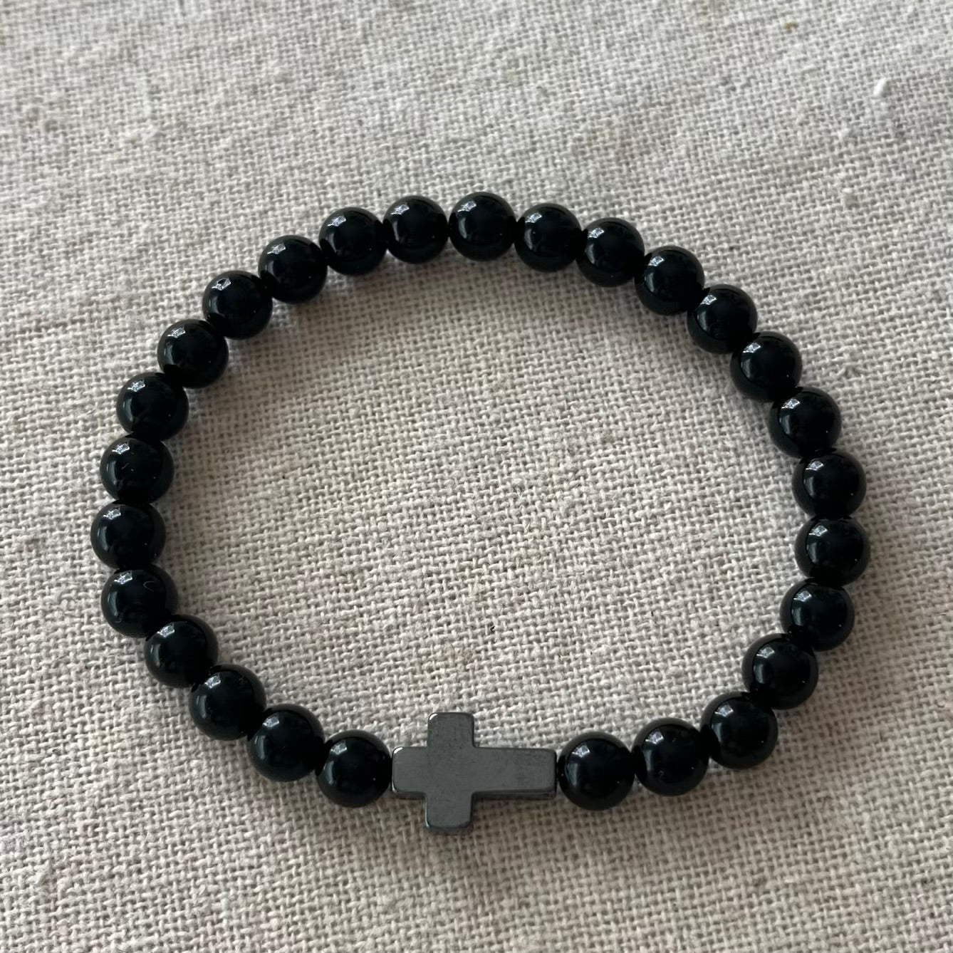 Protection Cross Bracelet - Obsidian & Hematite