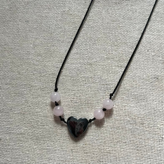 Grounding Heart Necklace - Rose Quartz & Hematite