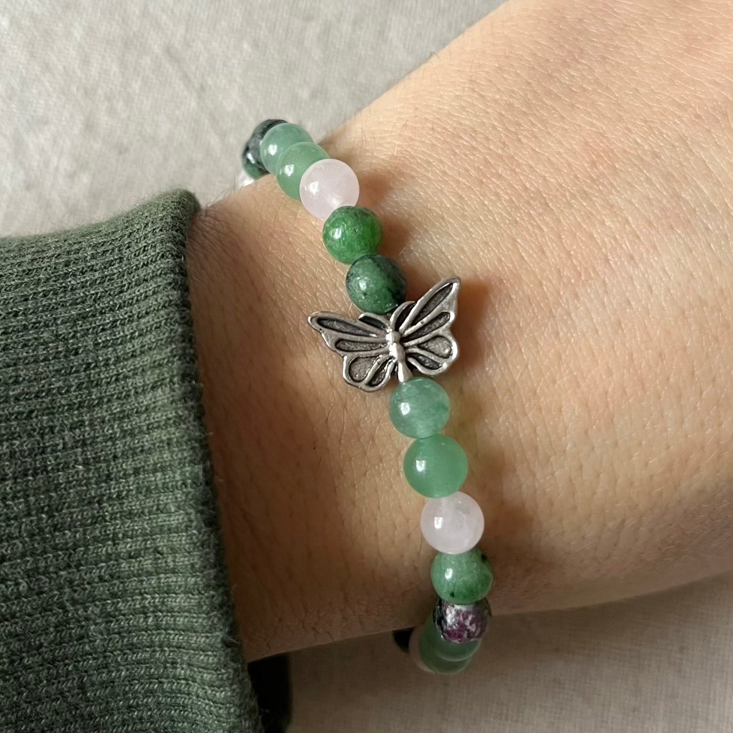 Butterfly Garden Bracelet - Ruby Zoisite, Green Aventurine, Rose Quartz