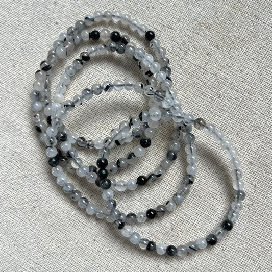 Black Rutilated Quartz 4mm Beaded Bracelet - Protection