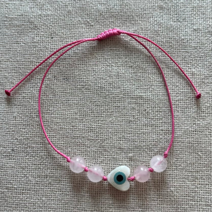 Heart Protection Evil Eye Cord Bracelet - Rose Quartz