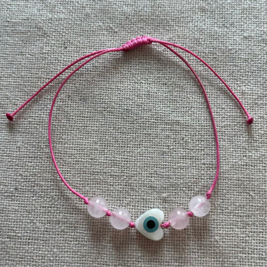 Heart Protection Evil Eye Cord Bracelet - Rose Quartz