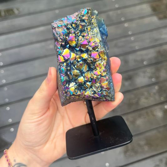 Titanium Aura Quartz Cluster on Metal Stand