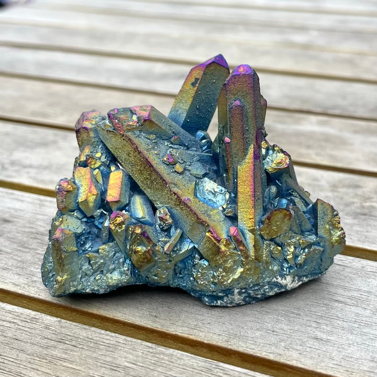 Titanium Aura Quartz Medium Cluster Crystal - Vitality, Confidence, Joy