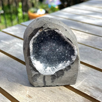 Black Amethyst Medium Base Cut Geode Crystal - Calming, Protective, Balancing