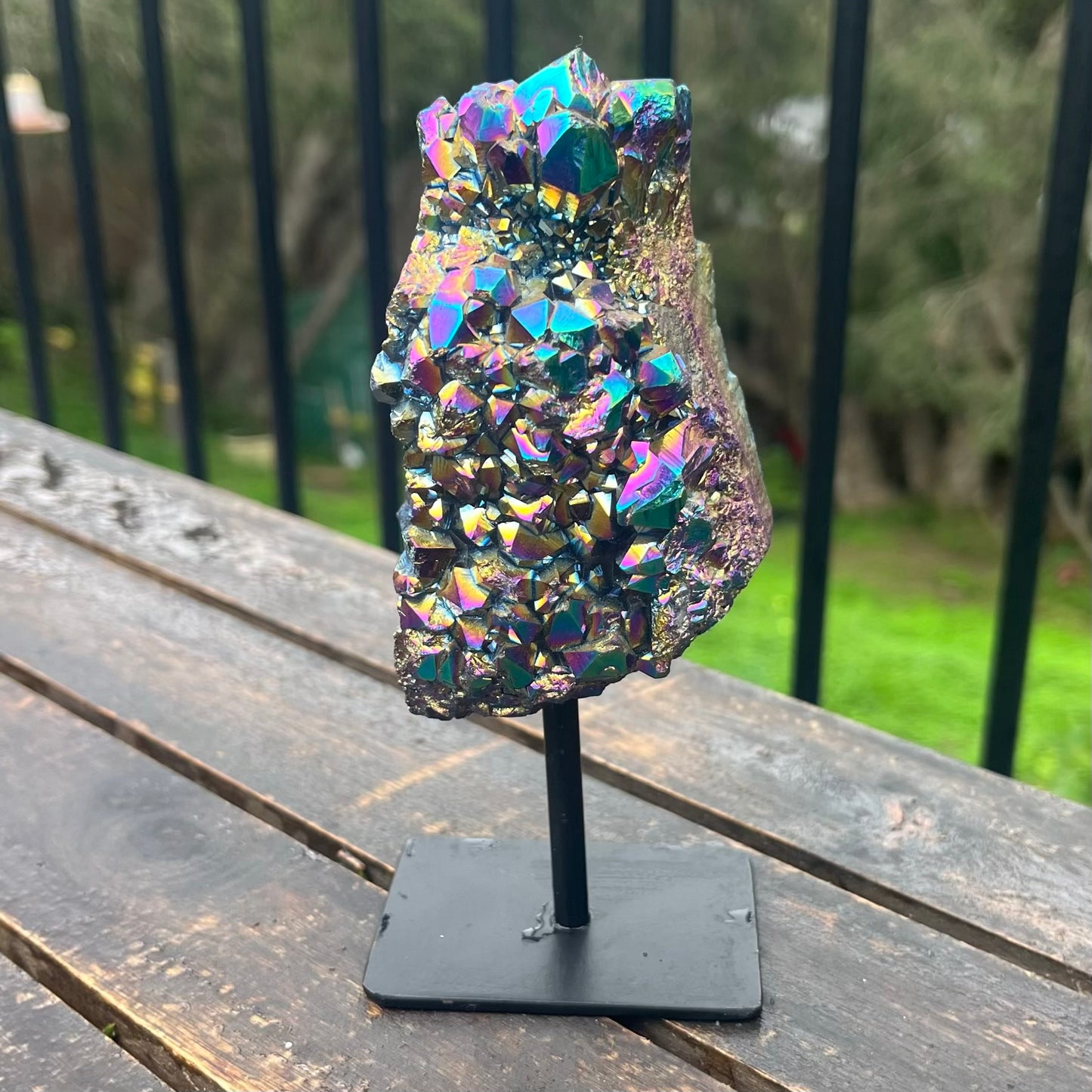 Titanium Aura Quartz Cluster on Metal Stand