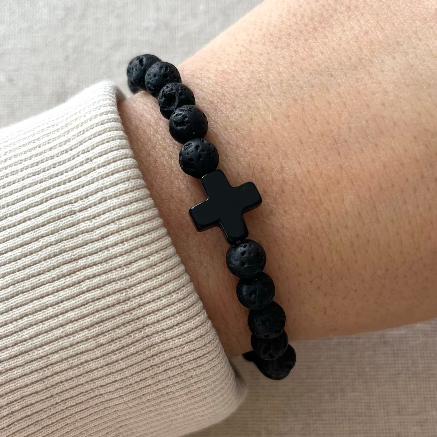 Protection Cross Bracelet - Lava Stone & Black Agate
