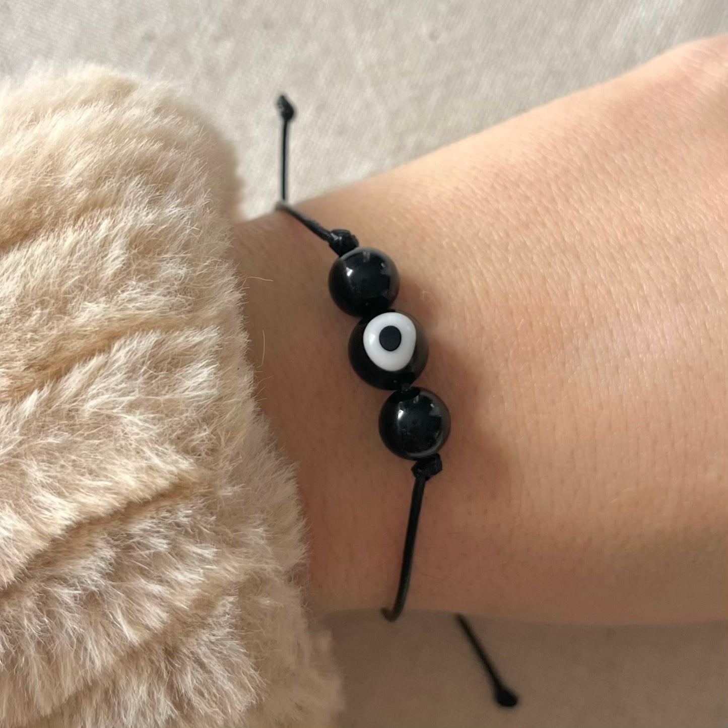 Protection Evil Eye Cord Bracelet - Obsidian