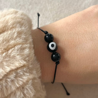 Protection Evil Eye Cord Bracelet - Obsidian