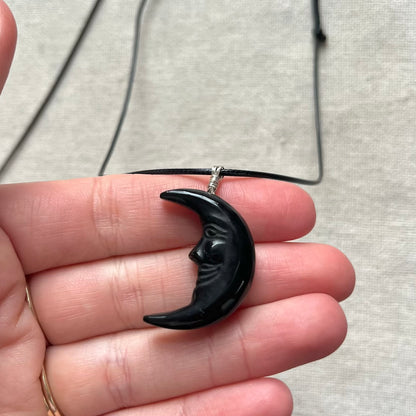 Moon Face Pendant - Obsidian