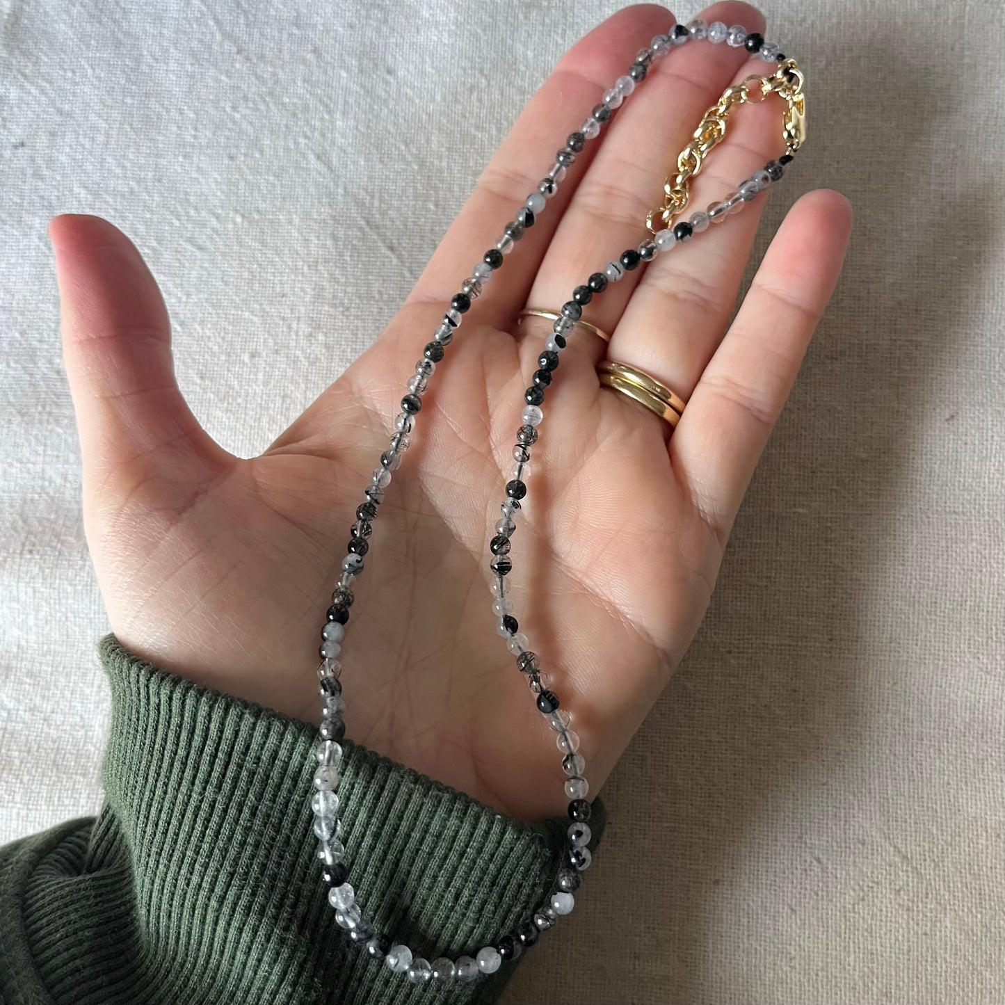 Black Rutilated Quartz 3mm Beaded Necklace - Confidence
