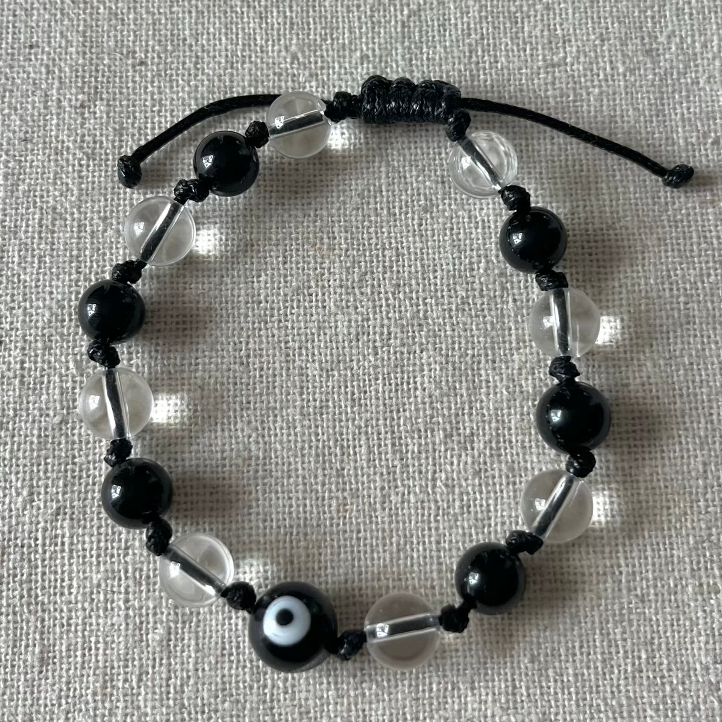 Master Healer Evil Eye Cord Bracelet - Obsidian & Clear Quartz