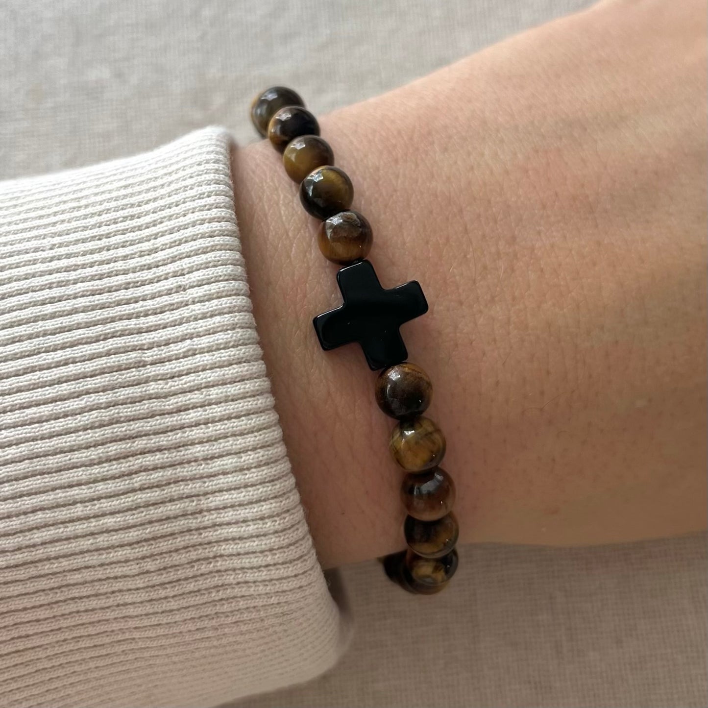 Protection Cross Bracelet - Tiger Eye & Black Agate