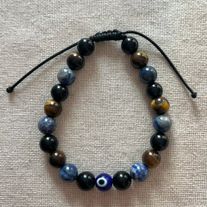 Evil Eye Protective Cord Bracelet - Lapis Lazuli, Obsidian, Tiger Eye