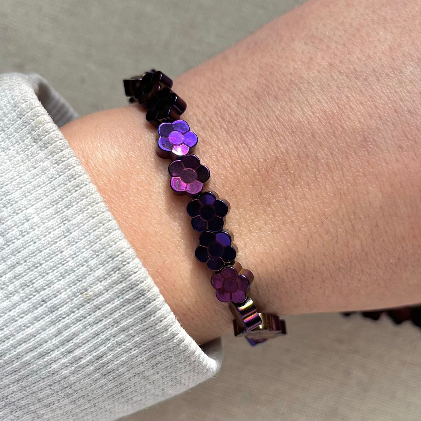 Purple Hematite Flower Beaded Bracelet - Empowering